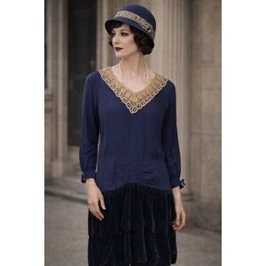 Authentic 1920s Antique Drop Waist Dress‎ Lace Collar Velvet Skirt AS IS